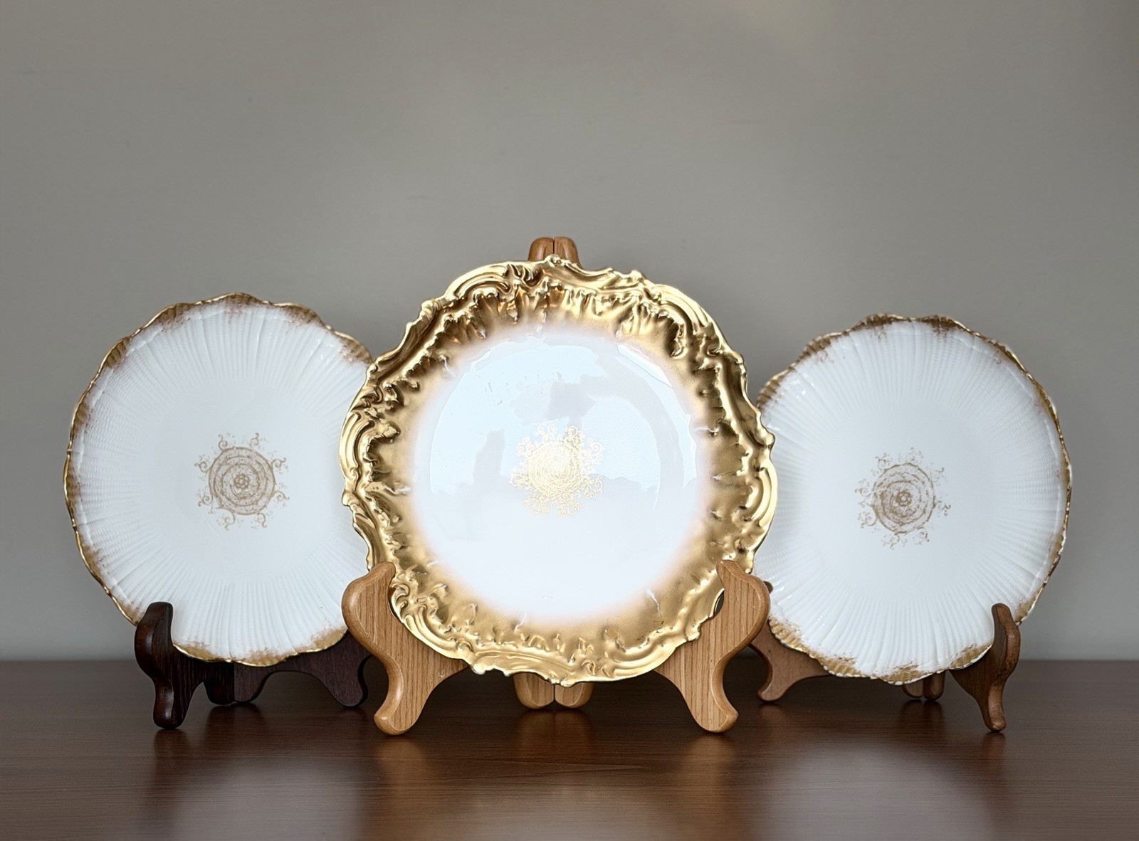 Antique Limoges France Gold Gilt Porcelain Plates Set of 3 O Gutherz