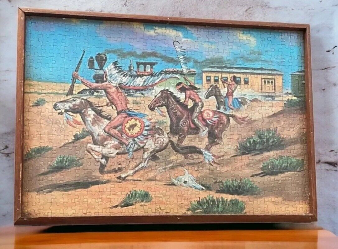 Vtg Native American Puzzle framed Wood 20” X 13” Indian Warrior Horses Battle