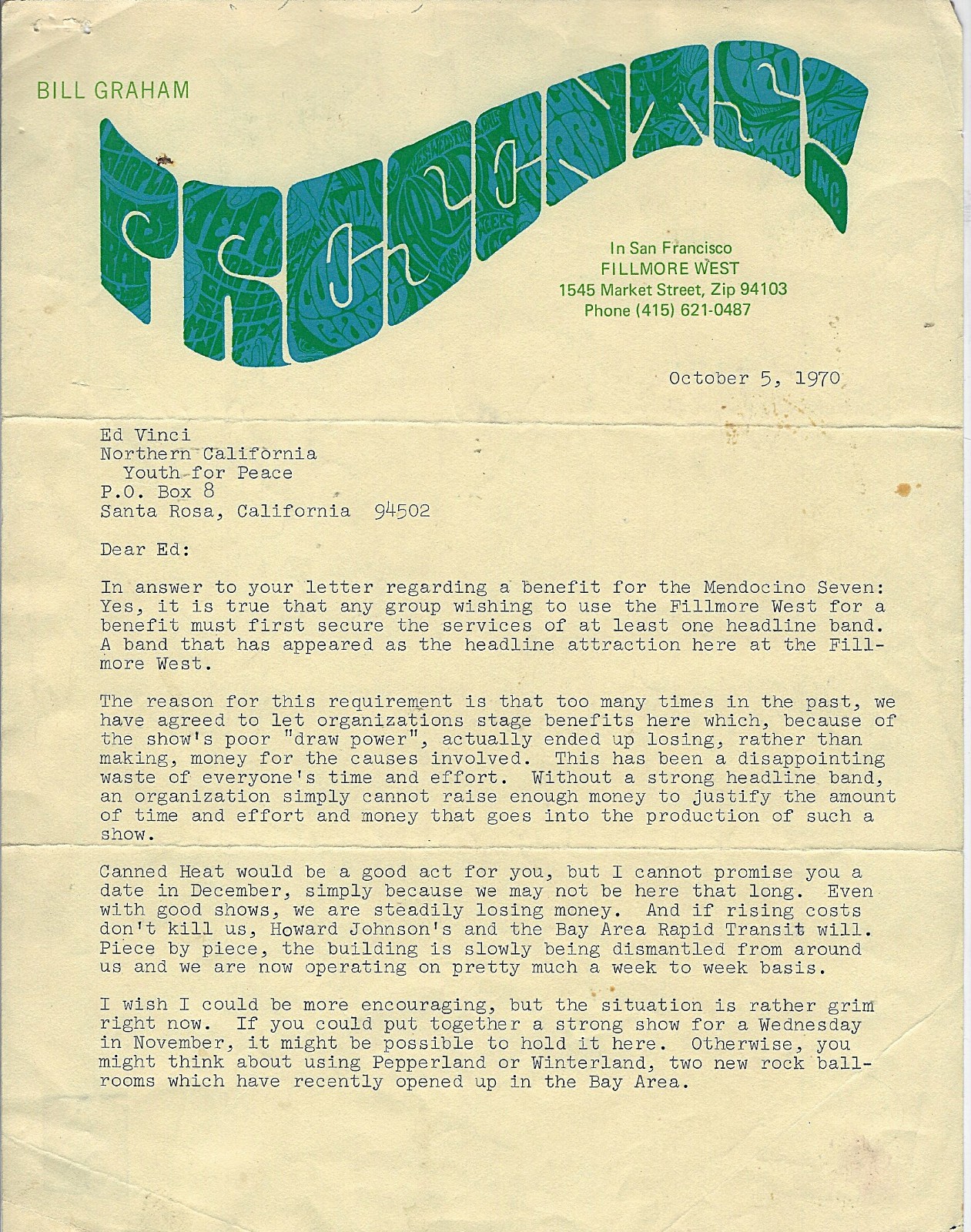 1970 Bill Graham 2 page letter with signature
