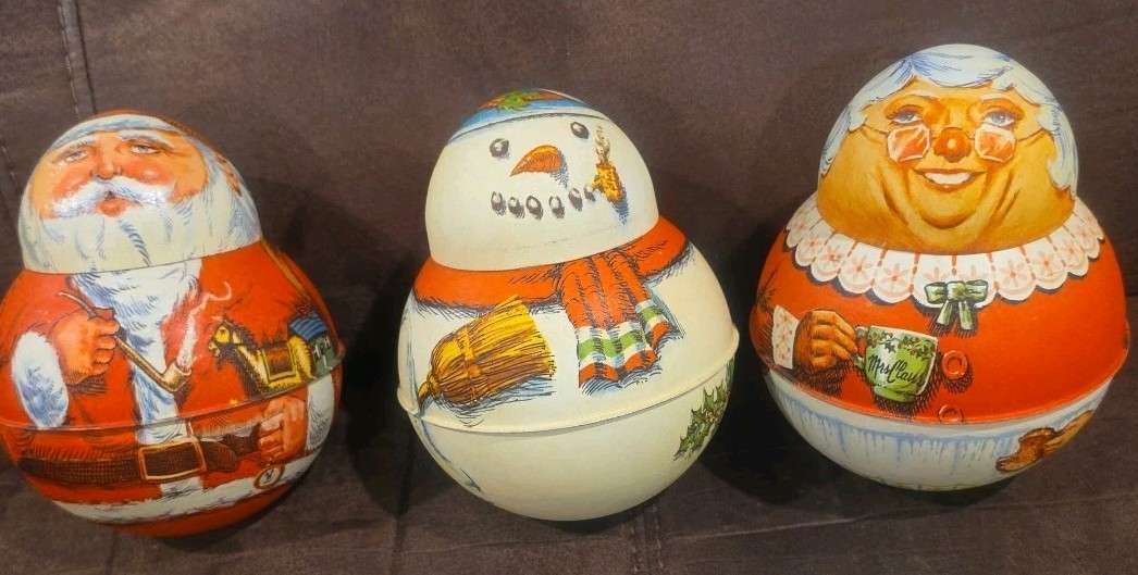 VTG 80's Bristol Ware Set of 3 Tin Metal Can Roly Poly Christmas Containers 
