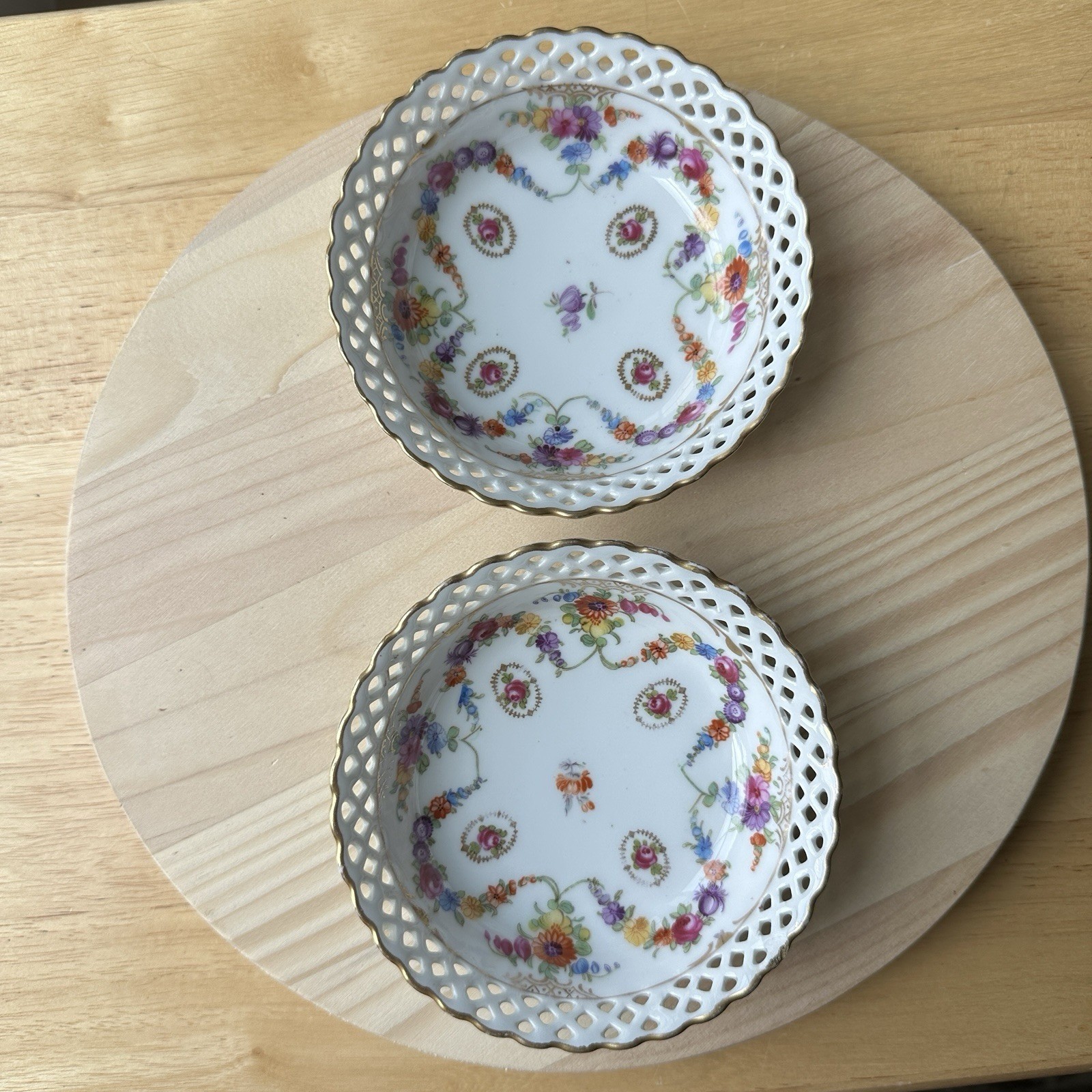 VTG Schumann Bavaria Dresden Gilt Two Bowls 5 Inch Hand Painted Floral Webbed