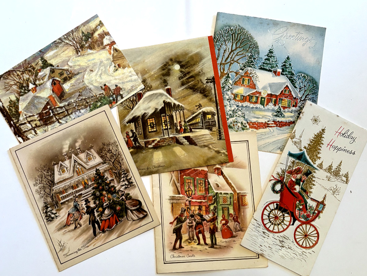 Lot of 6 Vintage 40-60's  Christmas Cards, Winter House Cottage Scenes,  USA