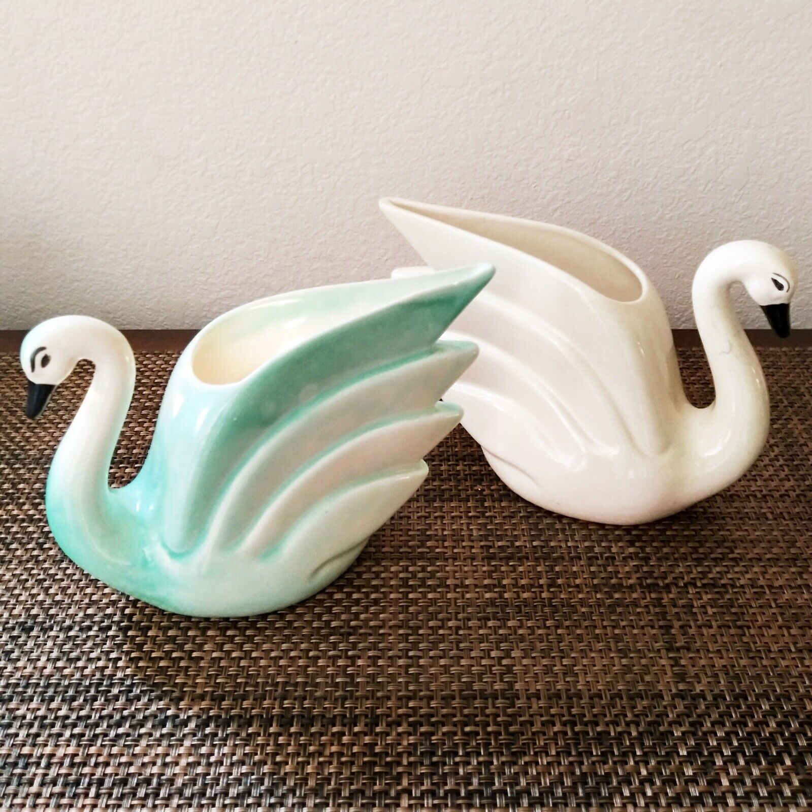 VTG MCM Art Deco Swan Planter Vase Lot of 2 - Hand Painted Ceramic Japan