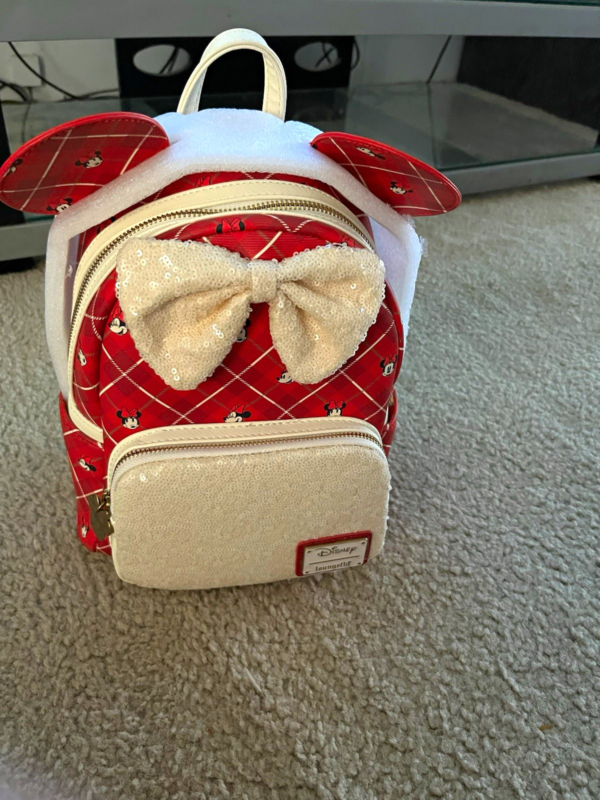 Loungefly Disney Minnie Mouse Mini Backpack Red/White Plaid Sequin Bow Ears Loungefly Disney Minnie Mouse Mini Backpack Red/White Plaid Sequin Bow Ears