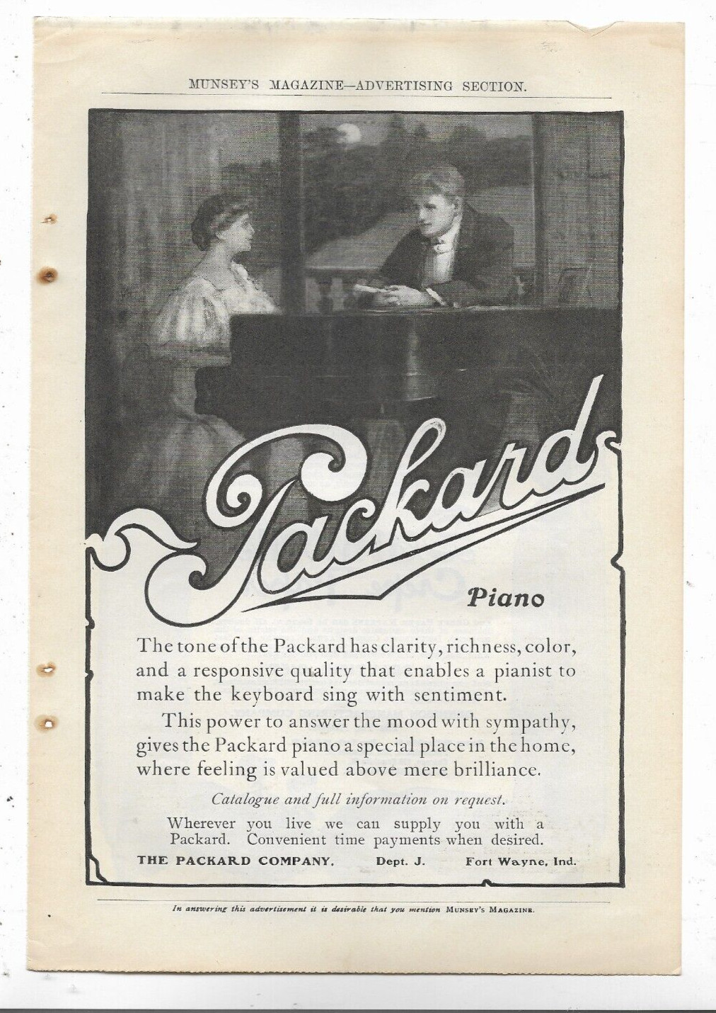 PACKARD COMPANY PIANO Fort Wayne 1905 MUNSEY\'S MAGAZINE Ad 11 PACKARD COMPANY PIANO Fort Wayne 1905 MUNSEY\'S MAGAZINE Ad 11