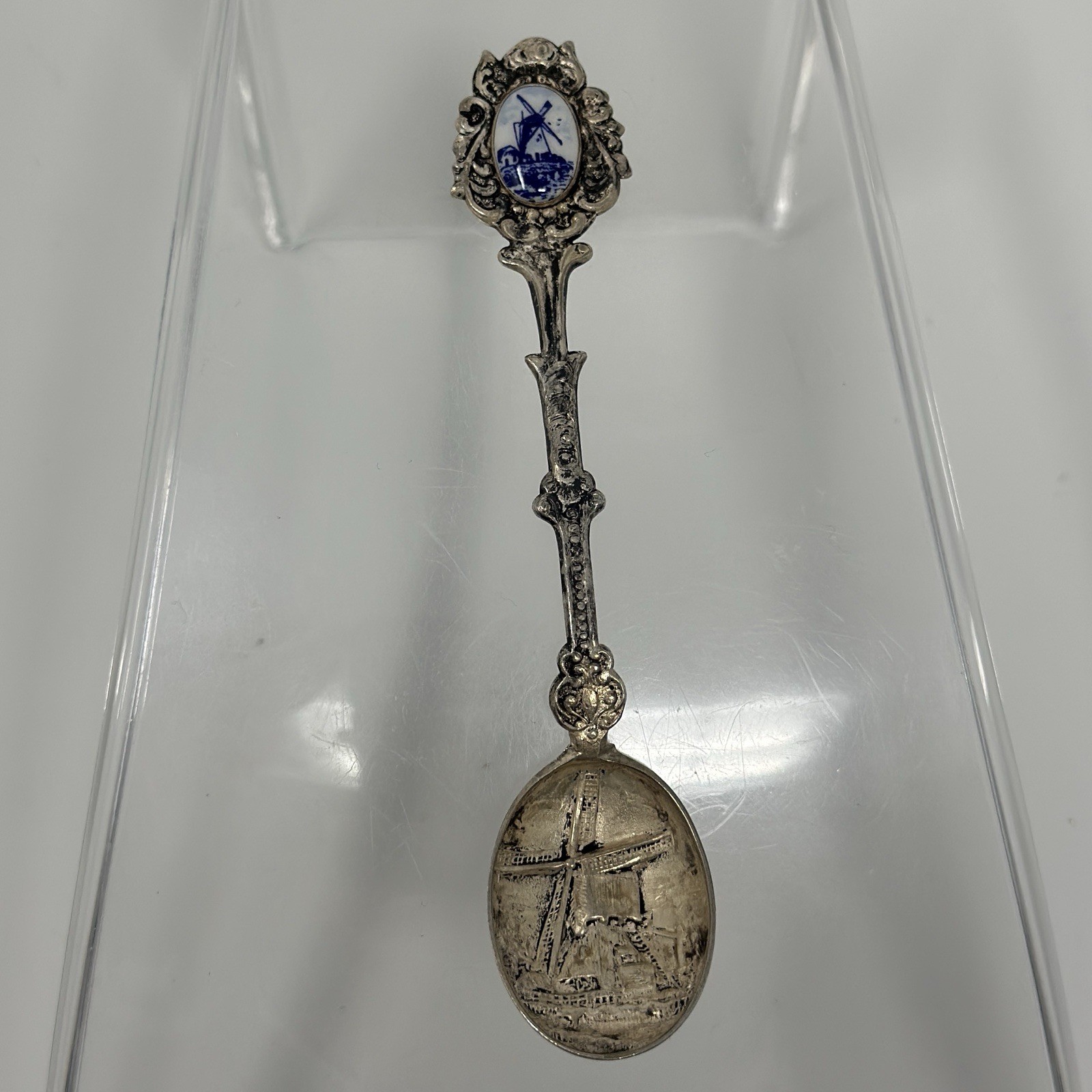 Vintage Holland Windmill Souvenir Spoon Silver Tone Blue Porcelain