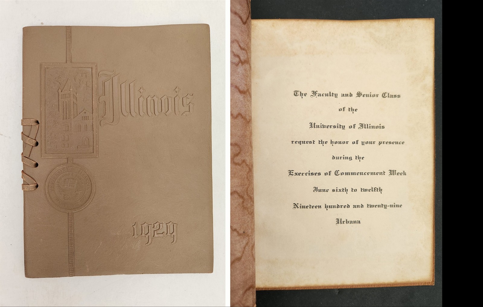 1929 antique UNIVERSITY of ILLINOIS urbana il COMMENCEMENT leather PROGRAM BOOK