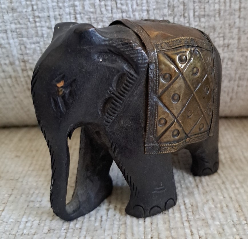 Vtg. Hand Made Wooden ASIAN Elephant With Brass Blanket Work. 3.75