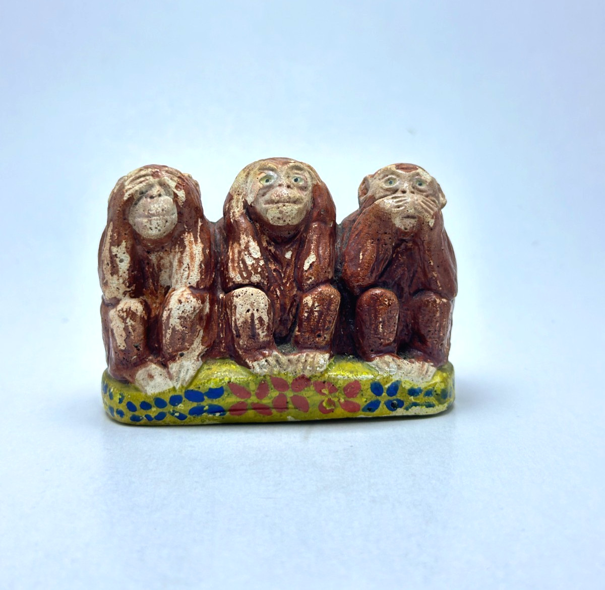 Vintage Three Wise Monkeys Figurine Hear See Speak No Evil Folk Art Resin Clay