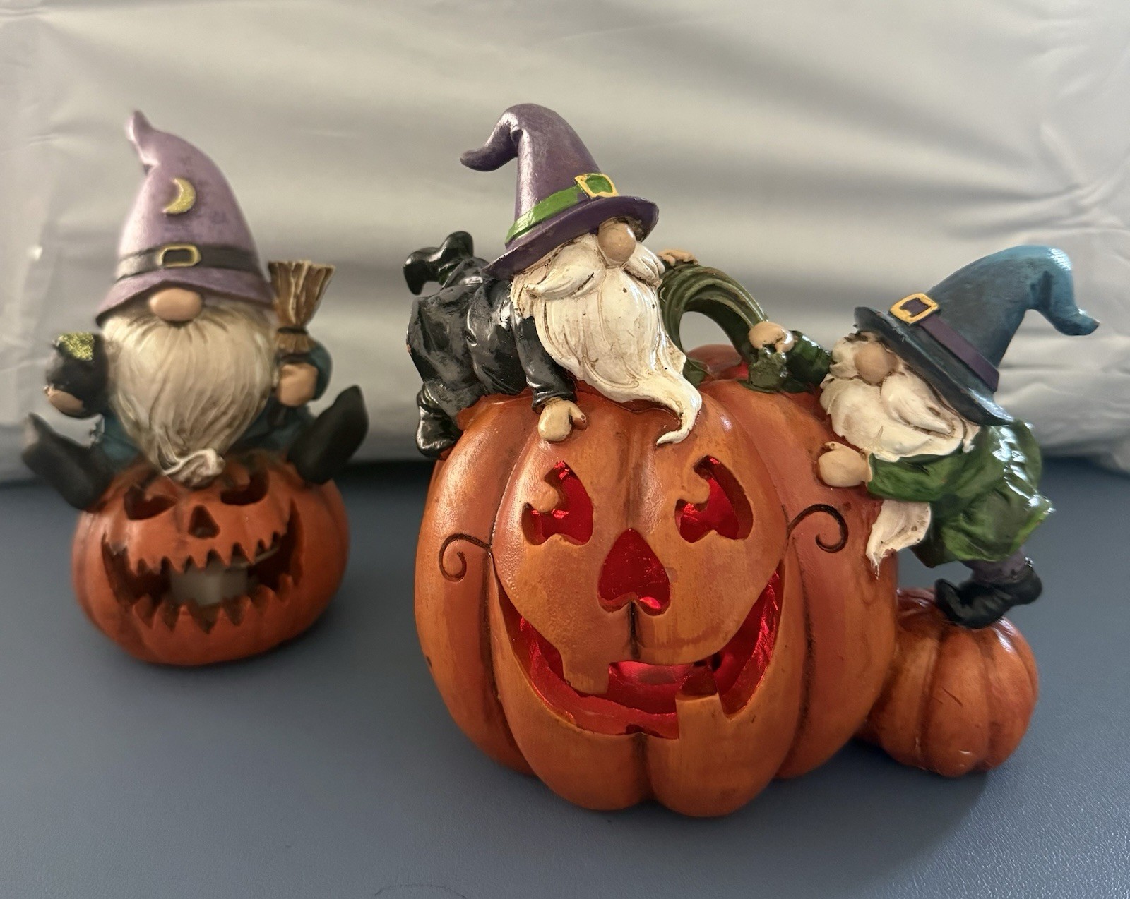 Resin Halloween Gnome Jack-o-Lantern Figures-Light Flash. Set of 2.