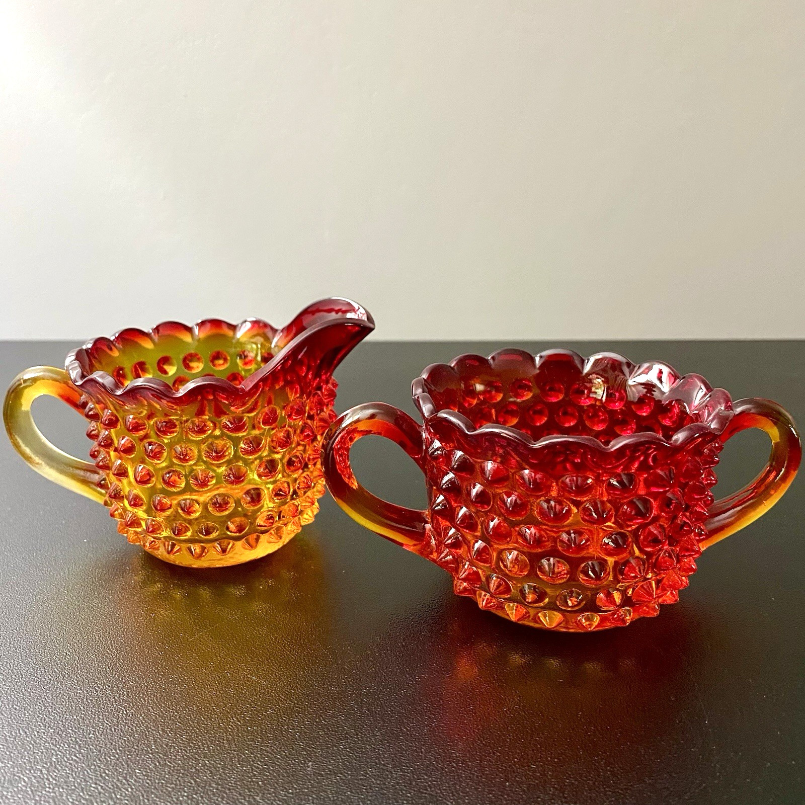 Fenton Amberina Hobnail Glass Vintage Cream Pitcher And Sugar Bowl Set