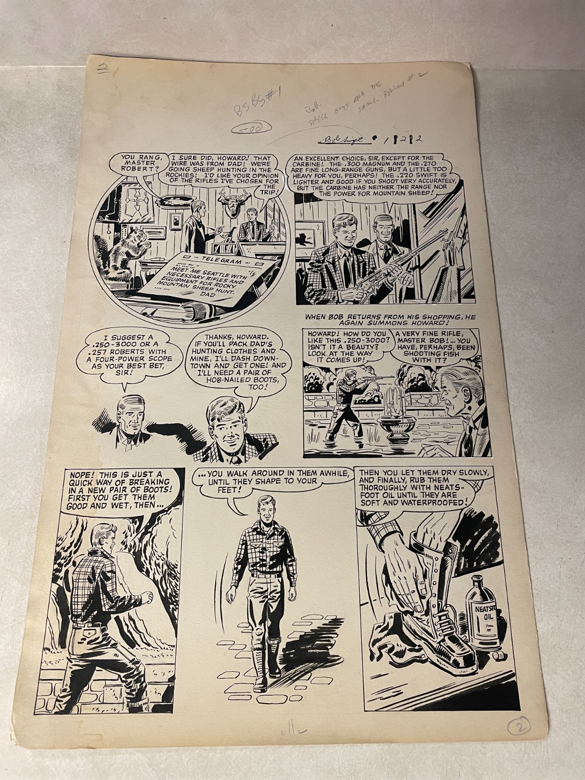 BOB SWIFT #1 original comic art 1951 Sportsman RIFLE GEAR BIG HORN SHEEP HUNT