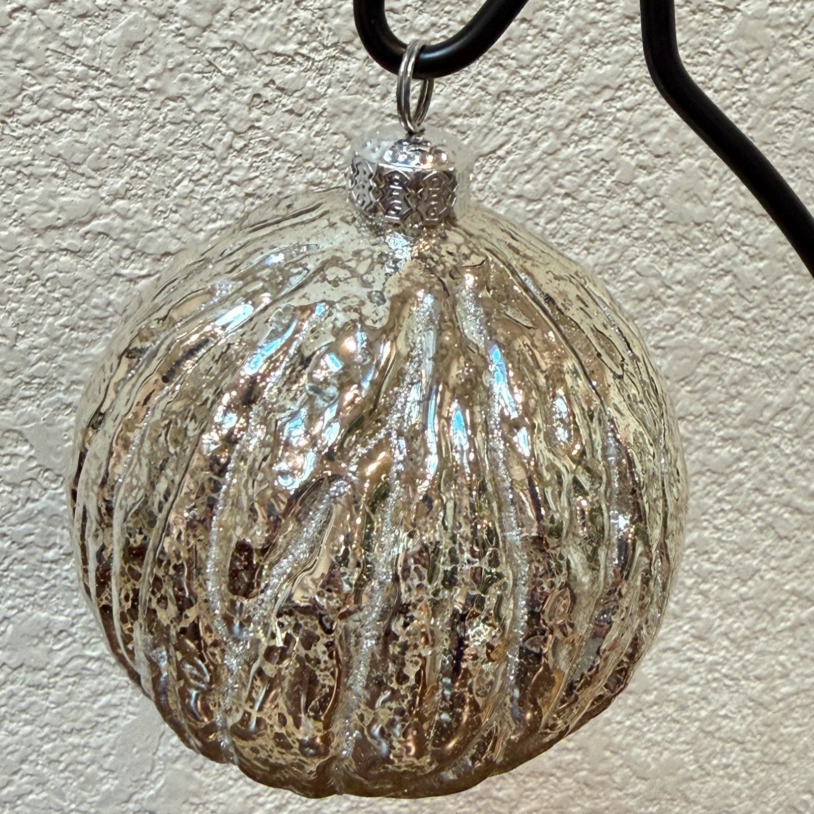 Vintage Frontgate Heavy Mercury Glass Swirl Ball Ornament Silver Walnut Texture
