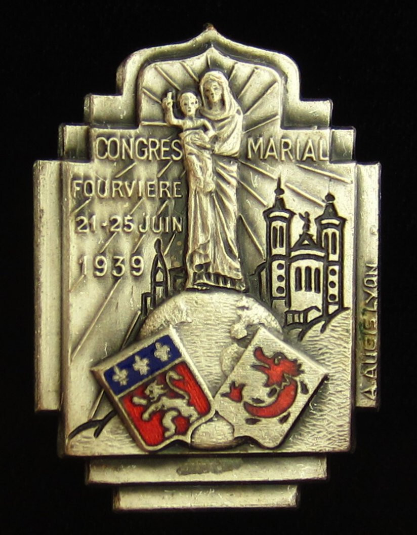 Vintage Catholic Pin Enamel Holy Jesus Mary Marial Congress 1939 Fourviere