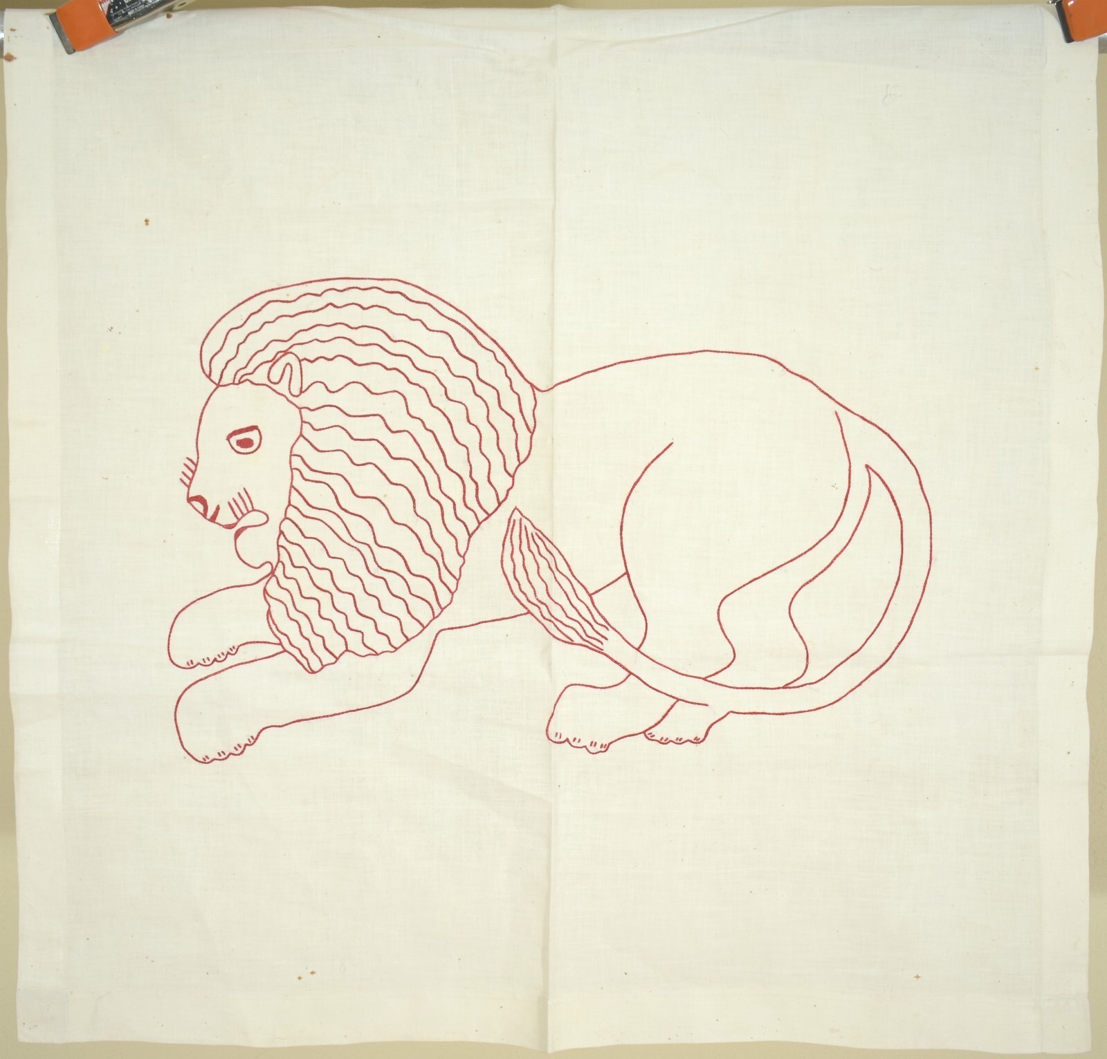 FOLKY Vintage 1880\'s Hand Stitched Redwork Lion Antique Cotton Pillow Sham