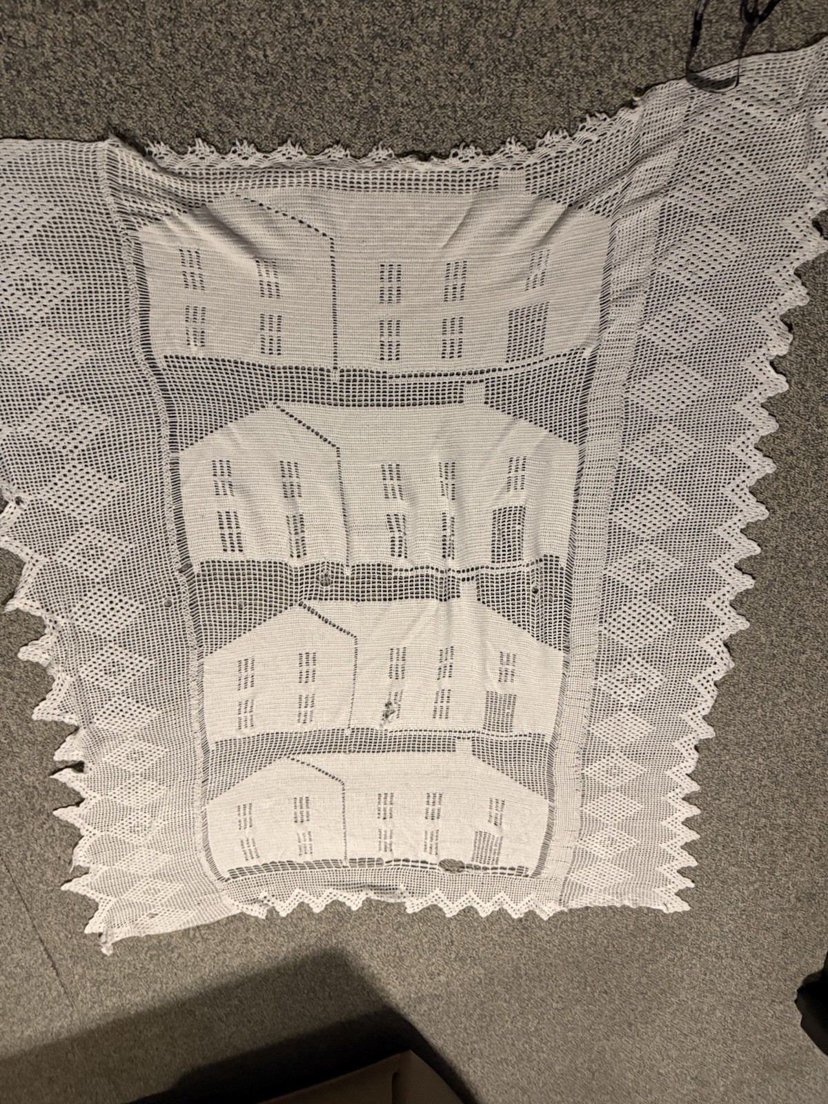 antique or vintage filet crochet bedspread or coverlet With House Shown In The S