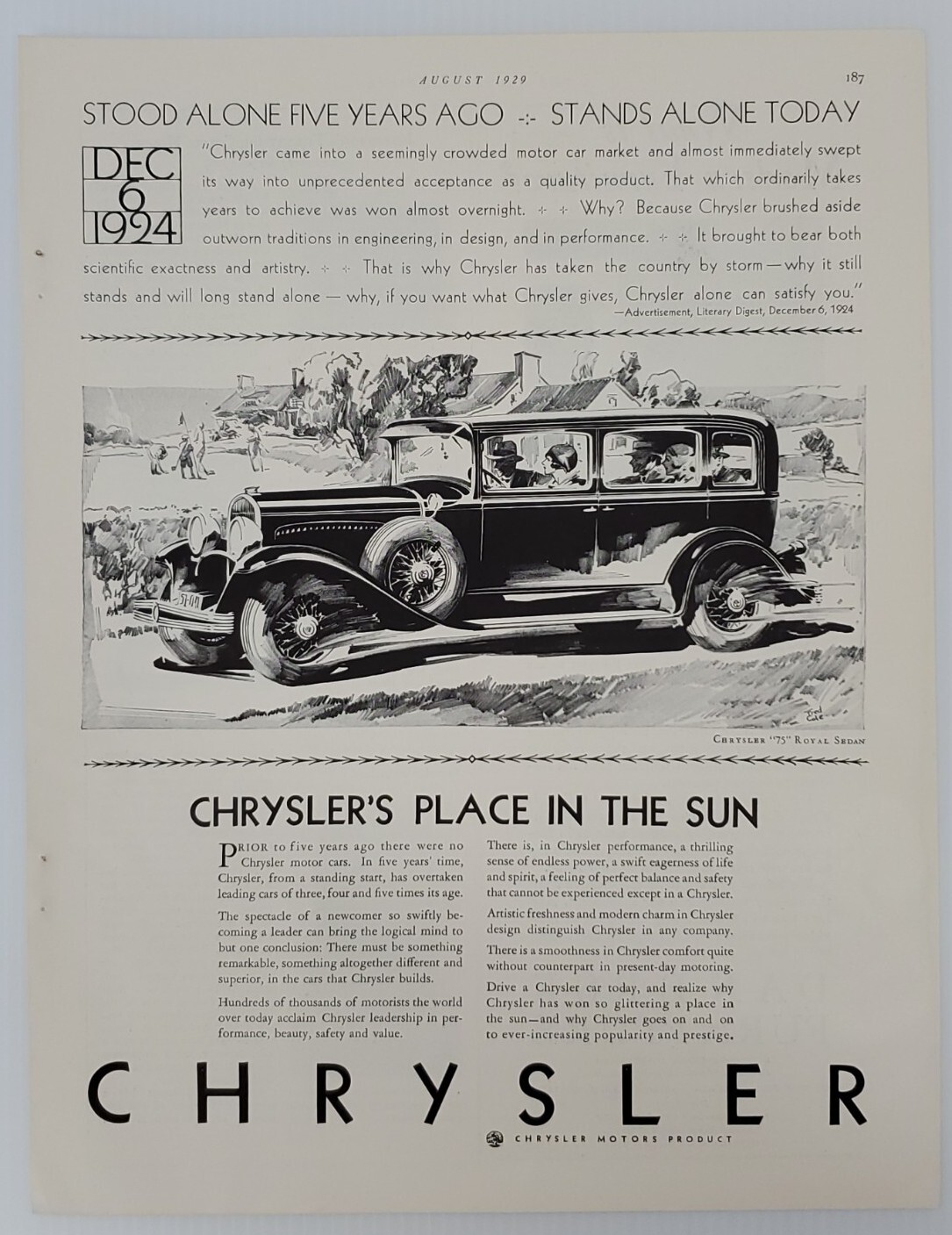 Vintage Magazine Print Ad - 1929 CHRYSLER \