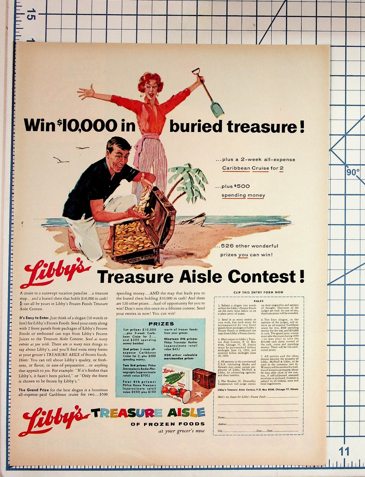 1959 Libby\'s Frozen Foods Magazine Ad Treasure Aisle Contest Caribbean Cruise