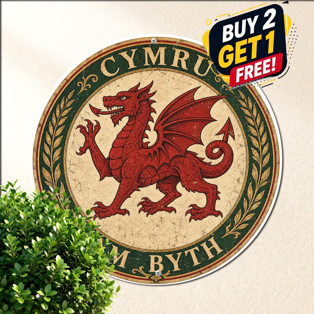 Welsh Dragon Crest Wales National Pride Retro Round Metal Sign