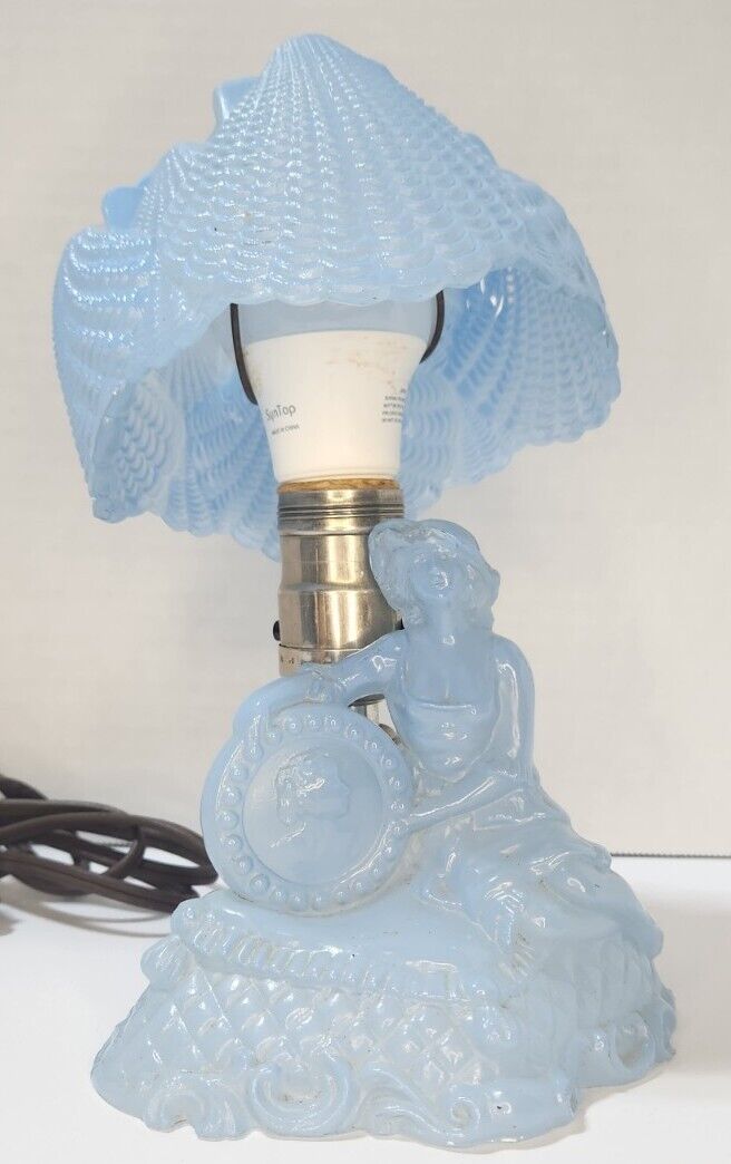 Vintage Blue Glass 1930\'s Lovely Lady Electric Table Lamp Glass Sea Shell Shade 