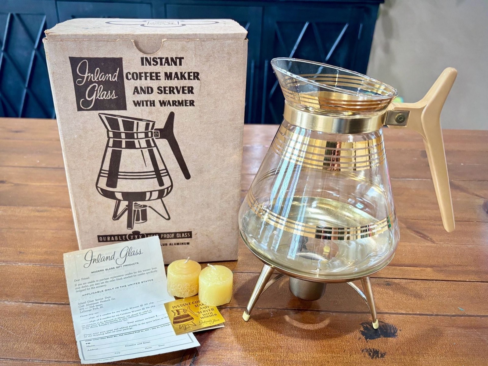 Vintage Inland Glass Instant Coffee Maker and Server with Warmer 22K Gold