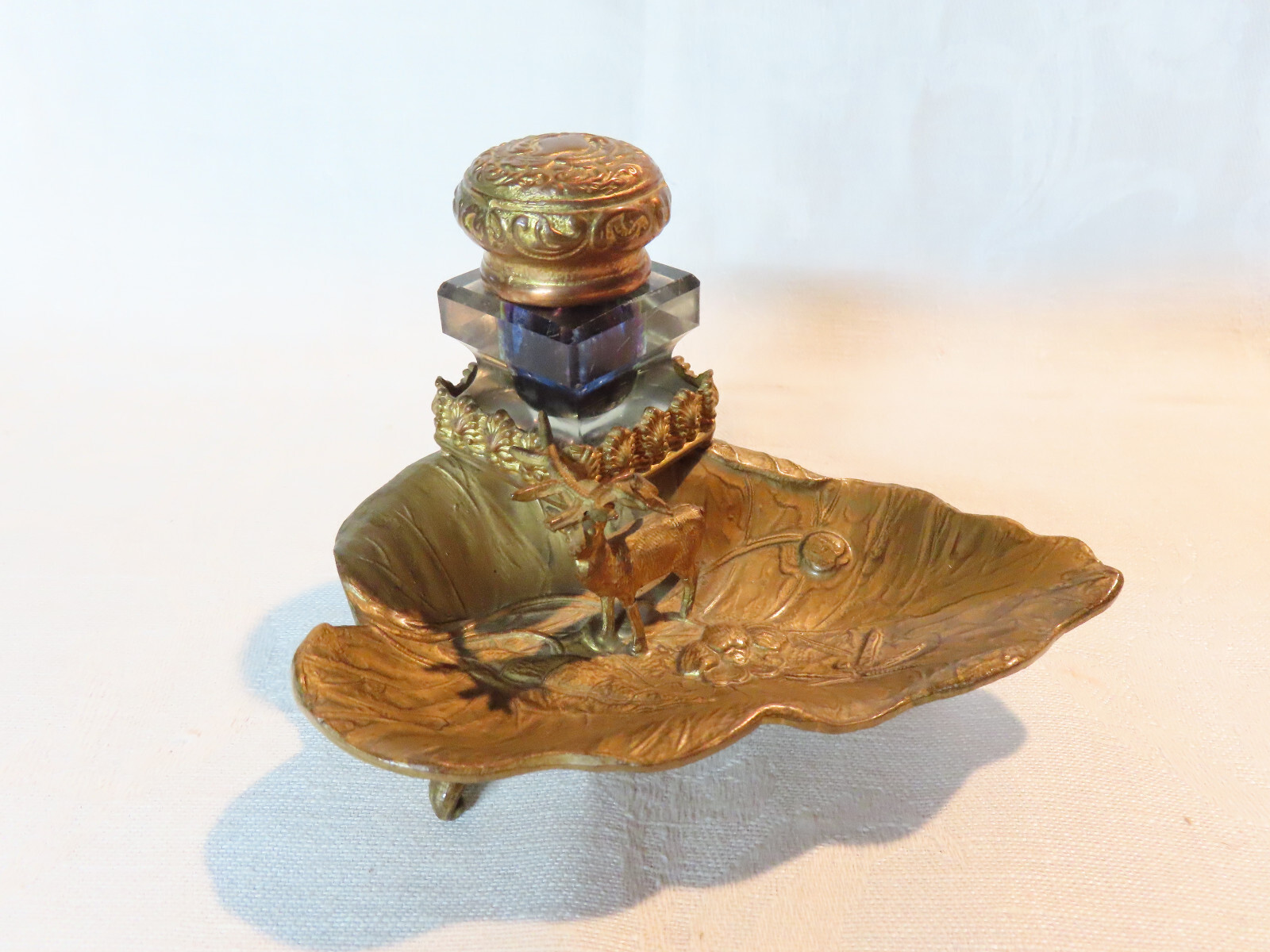 Antique gilt brass figural inkwell with Stag figure and firefly decoration Antique gilt brass figural inkwell with Stag figure and firefly decoration