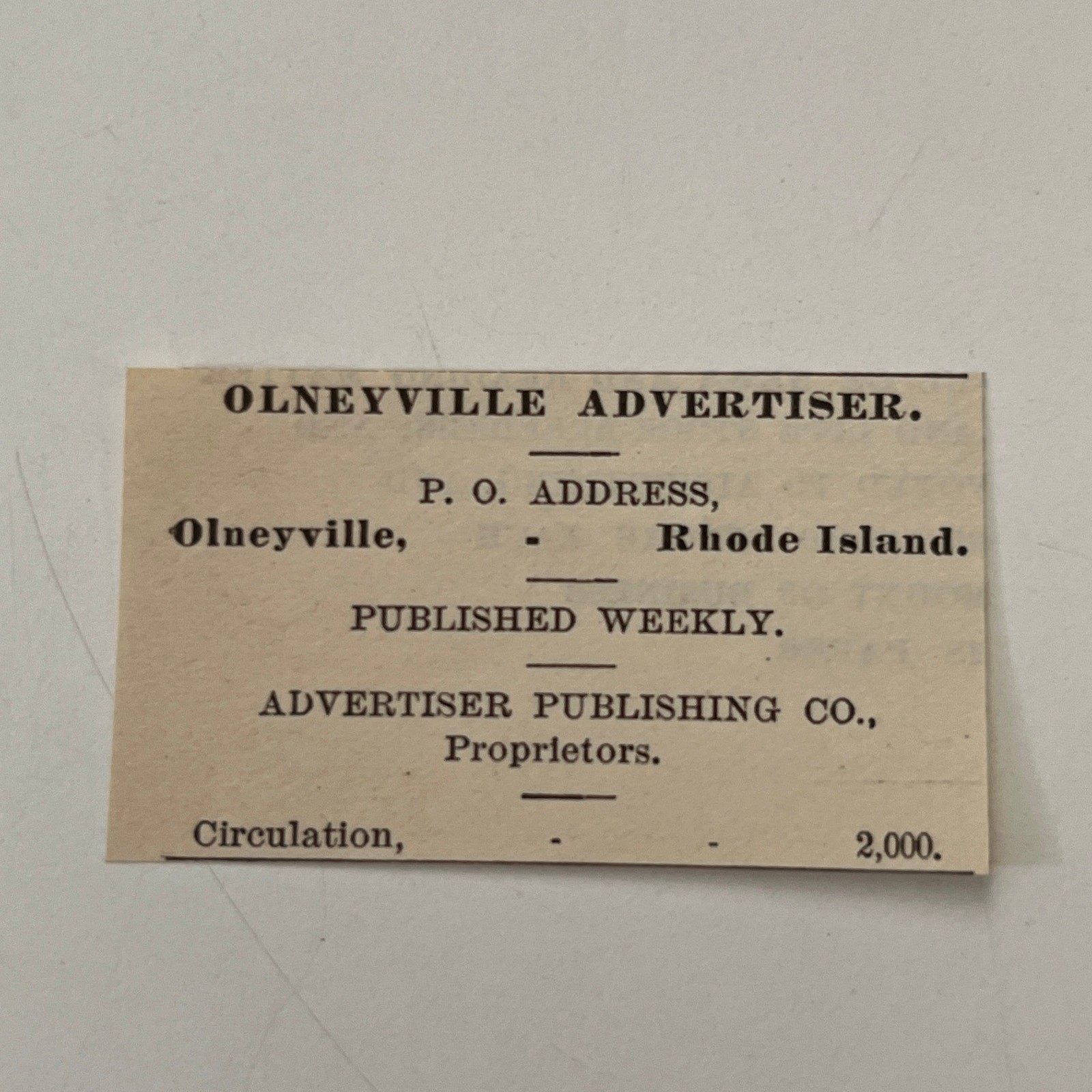 Olneyville Advertiser Publishing Co. Olneyville RI 1890 Newspaper Ad SAI7-S16
