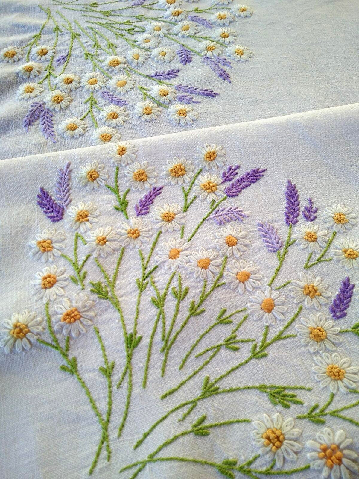 Charming White Daisies & Lavender Bouquets Vintage Hand Embroidered Tablecloth