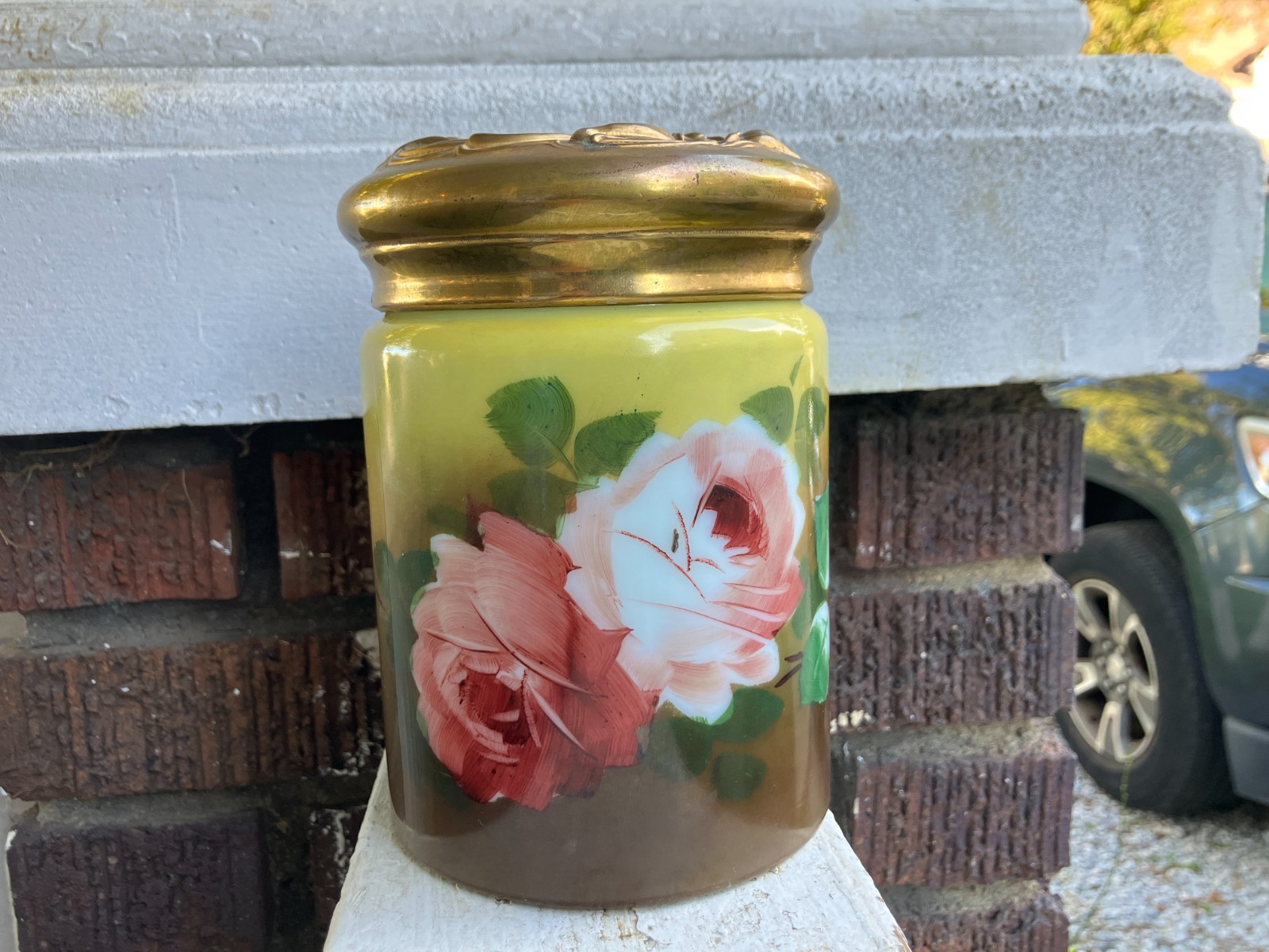Antique Tobacco Humidor Hand Painted Milk Glass Art Nouveau Brass Lid Circa 1912