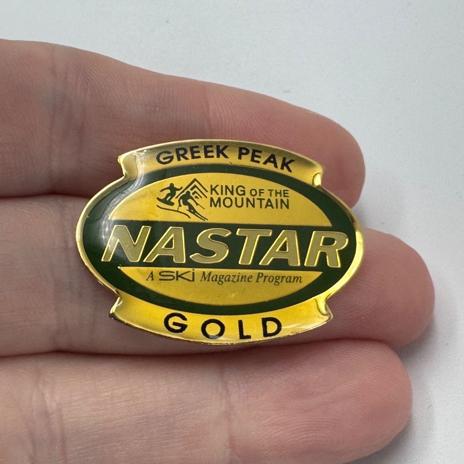 Vintage Greek Peak Nastar Gold Ski Logo Lapel Pin Green Gold Oval Trave Jeep
