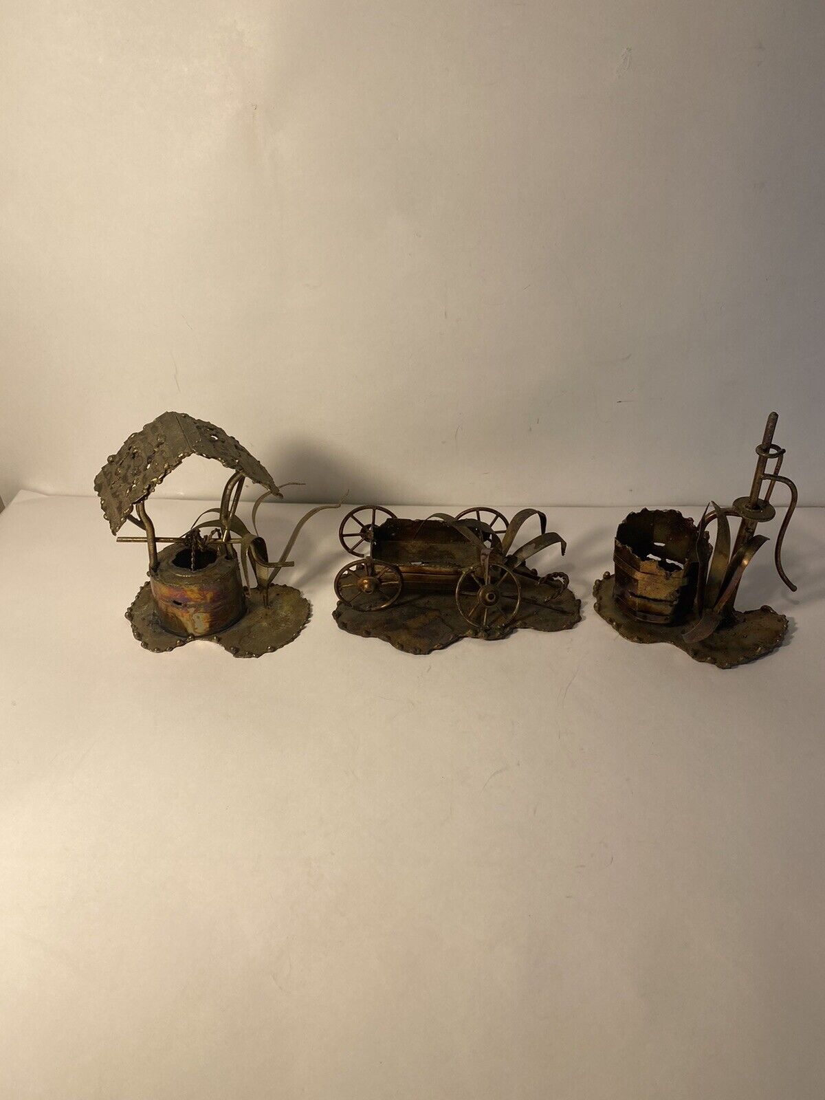 Vintage1974 Enesco Imports Japan Copper /Brass Lot Of 3 Well, Wagon ,Pump