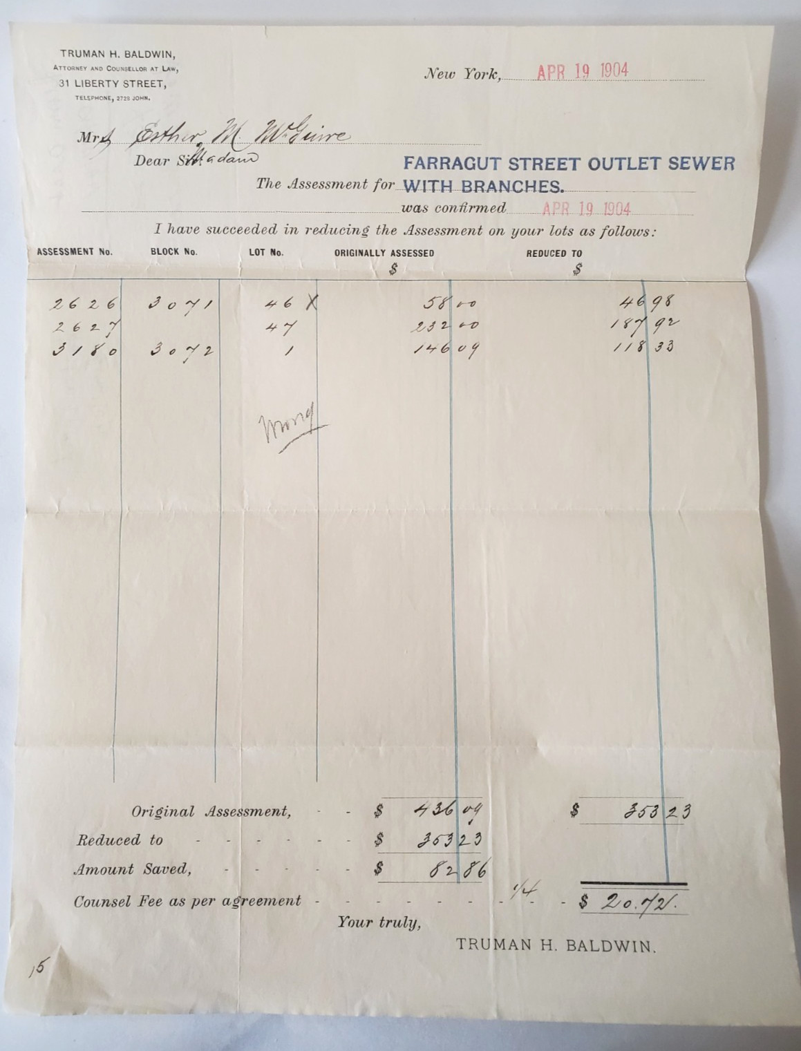 1904, Assessment Reduction, Truman H Baldwin Attorney, Liberty St. New York City