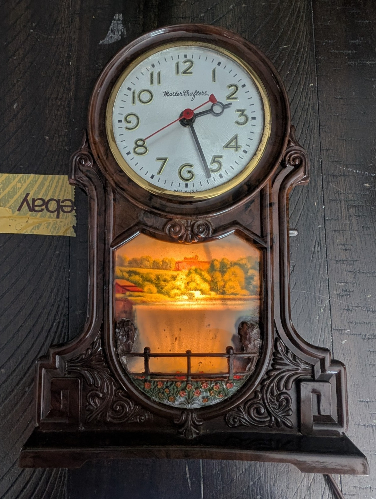 Vintage MasterCrafters 254 Illuminated Scenic Mantel Clock Waterfall Lighted USA