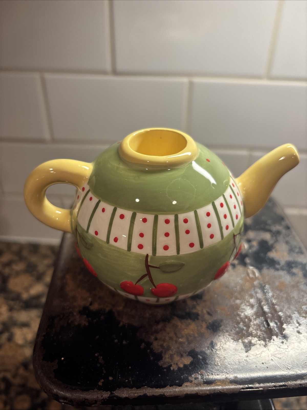 Mary Engelbreit Cherry Jubilee Teapot Candle Holder 1998 Green