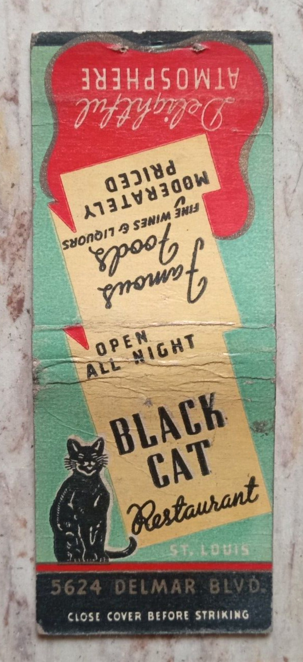 VINTAGE MATCHBOOK COVER BLACK CAT RESTAURANT DELMAR BLVD ST. LOUIS