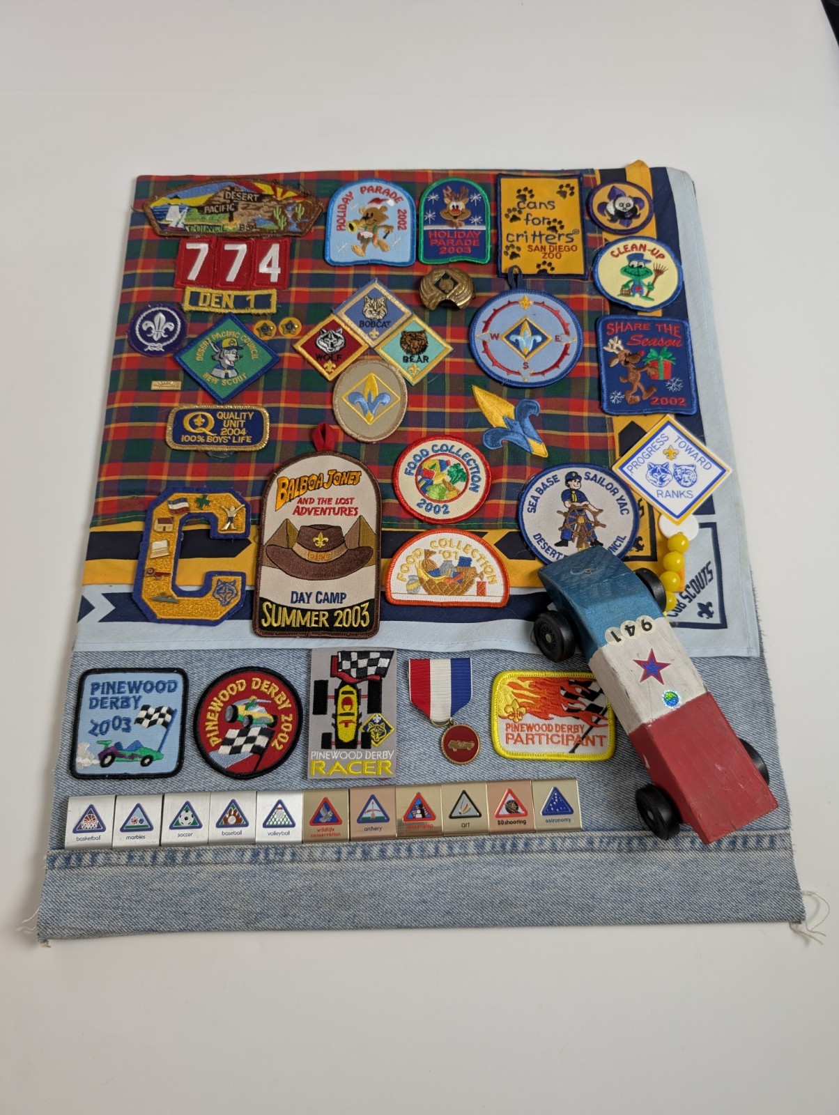 Vintage Boy Scouts Cub Scouts Patch & Pin Collection w/ Pinewood Derby Car...