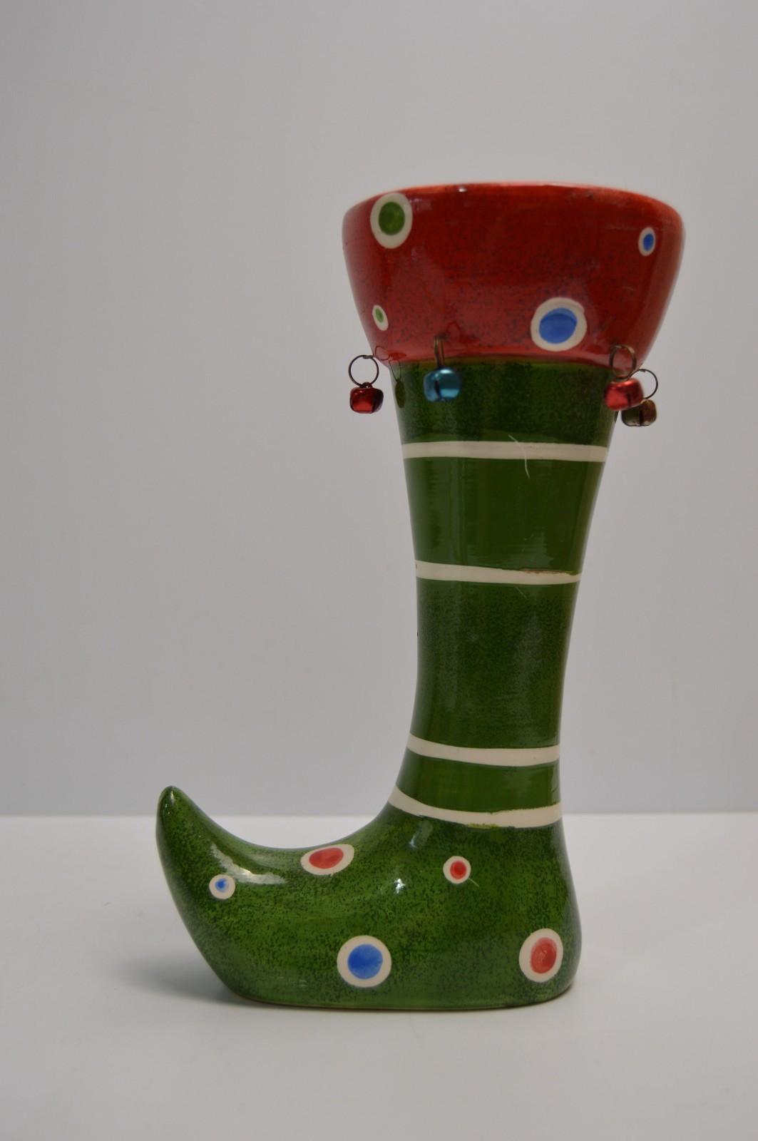 Vintage Christmas Elf Boot Shoe Vase Collectible Holiday Decor Stripes Dots 10\