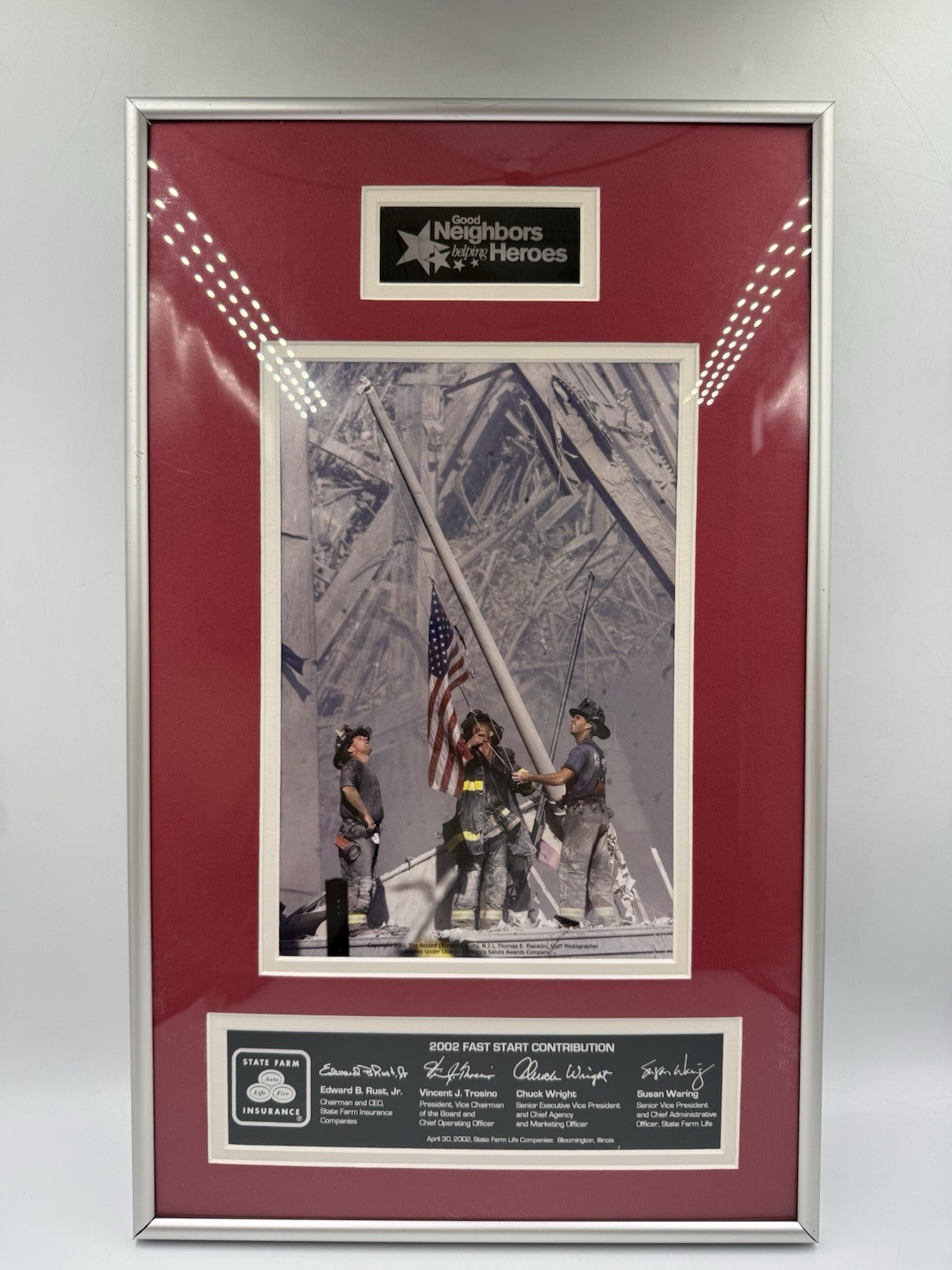 State Farm Life Framed 9/11 Firefighters Ground Zero Memorial NYC 19”x11.5”