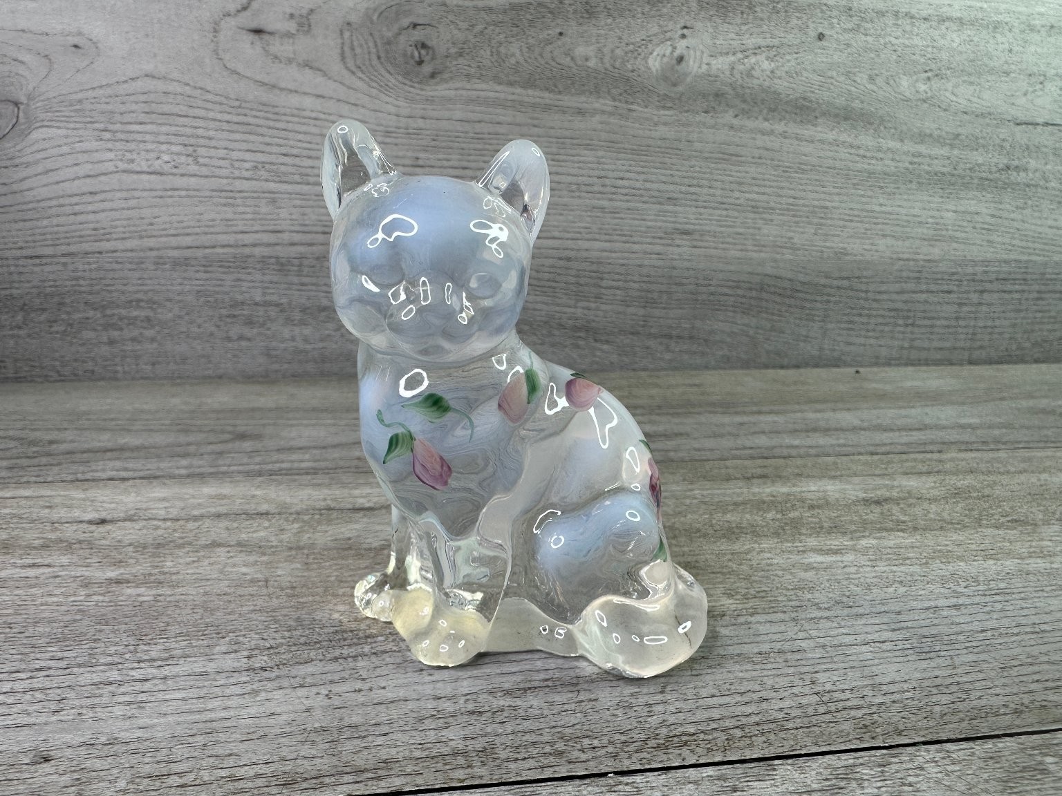 Fenton Iridescent Glass Cat Figurine Heavy Hand Painted Florals Signed