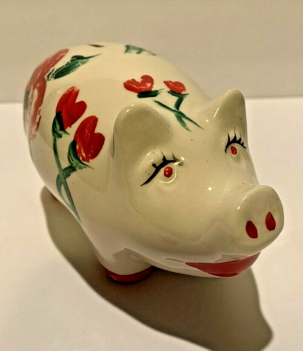 Vintage Pearl China Company Sweet Pig Piggy Bank with Red Flowers