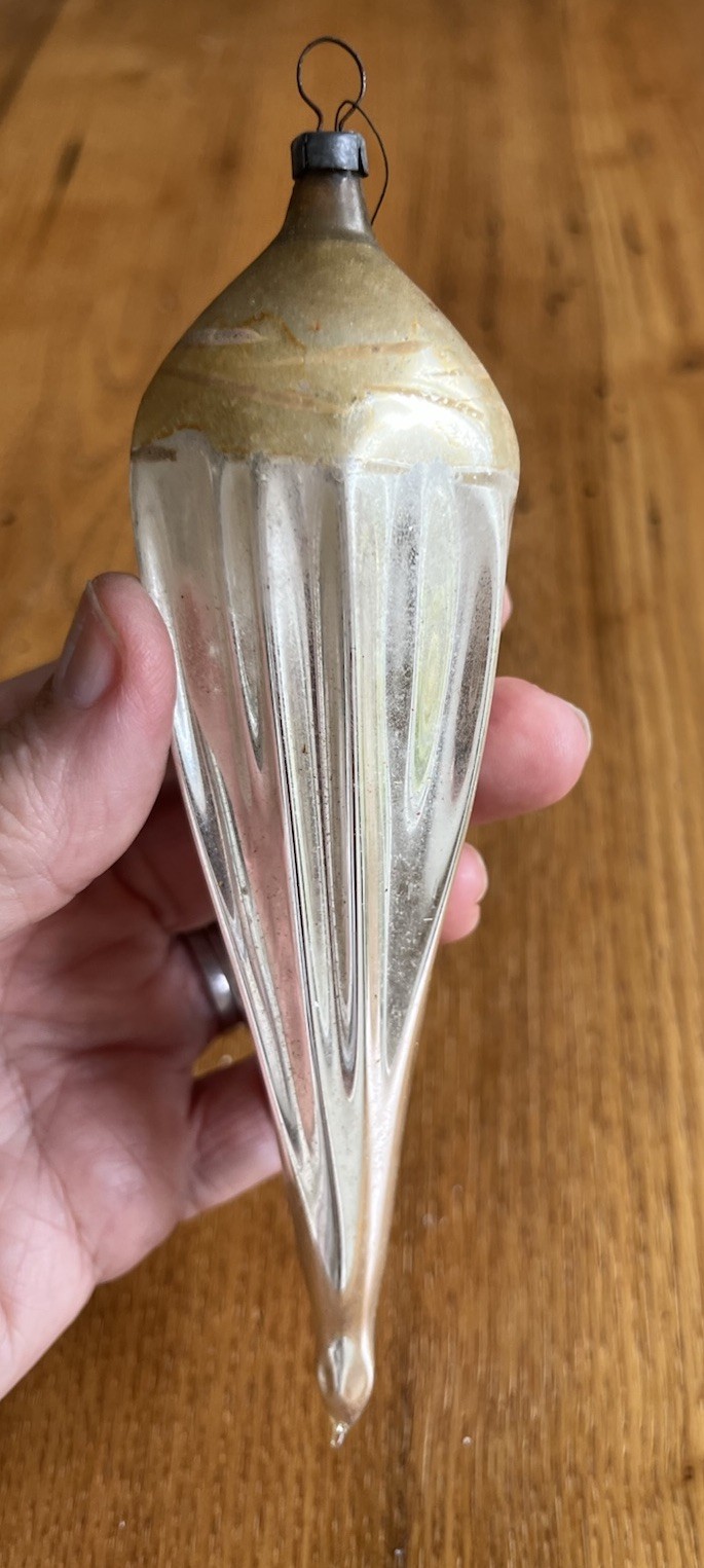 Antique 6” Victorian Germany Silver Gold Teardrop Torpedo Mercury Glass Ornament