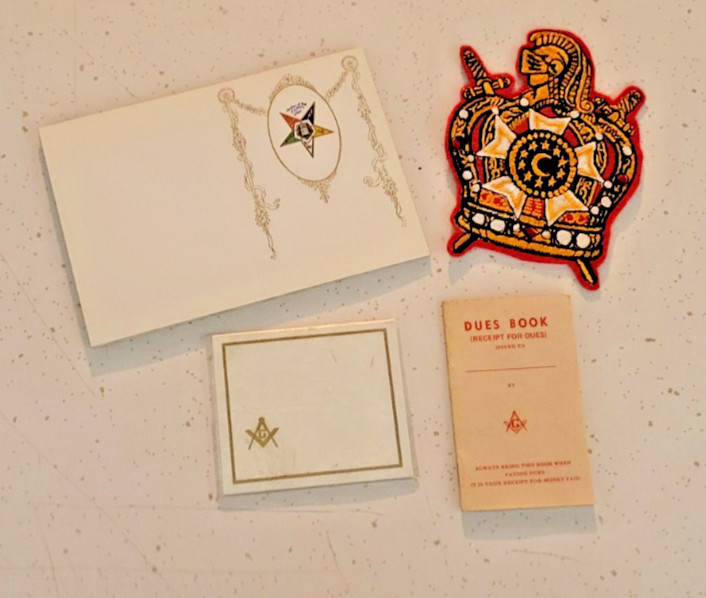 Vintage Free Mason Masonic Lot Patch, 1952 Unused Dues Book, Note Cards
