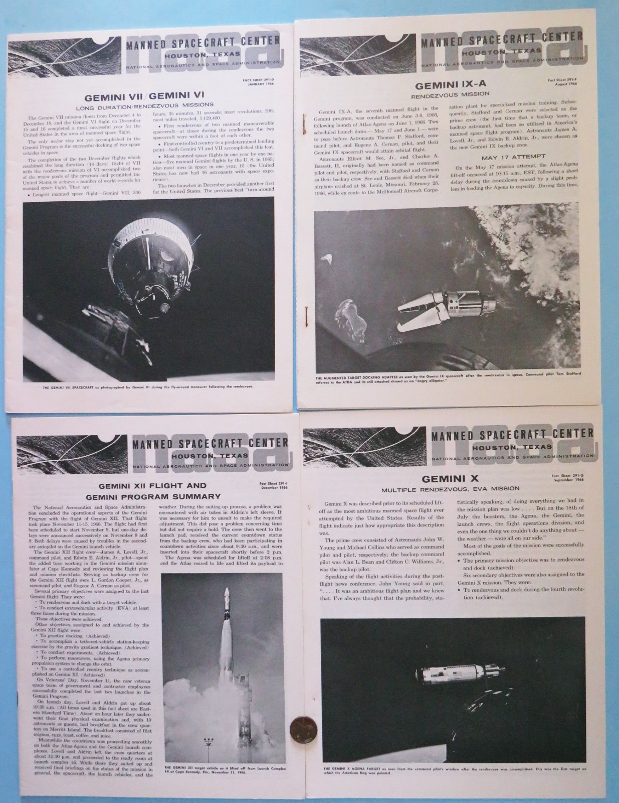 NASA Publication Lot of 4 vtg 60s GEMINI Fact Sheet Mission Summary FLIGHT