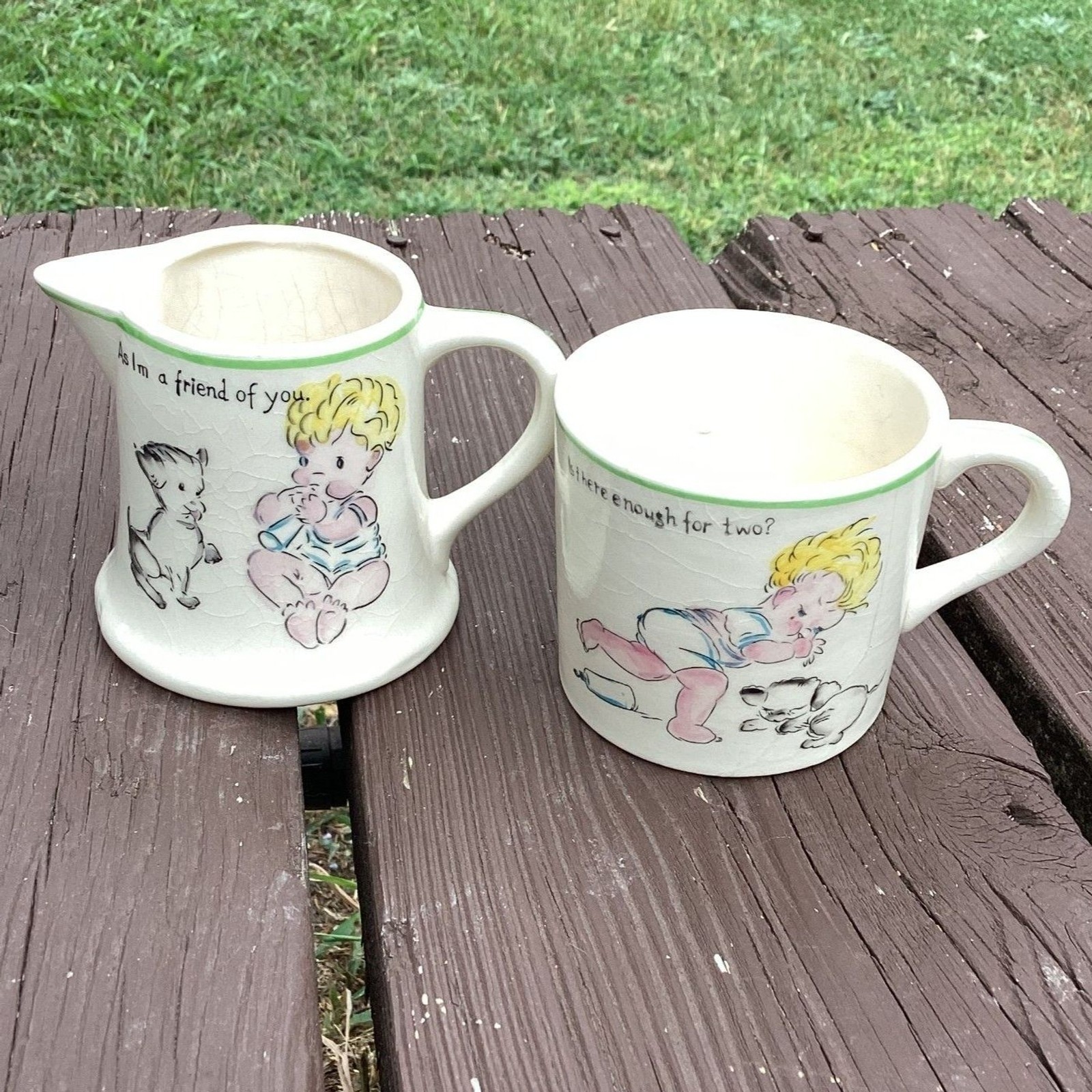 Royal Trico Vintage Creamer and Mug Set Cream Green MCM Japan