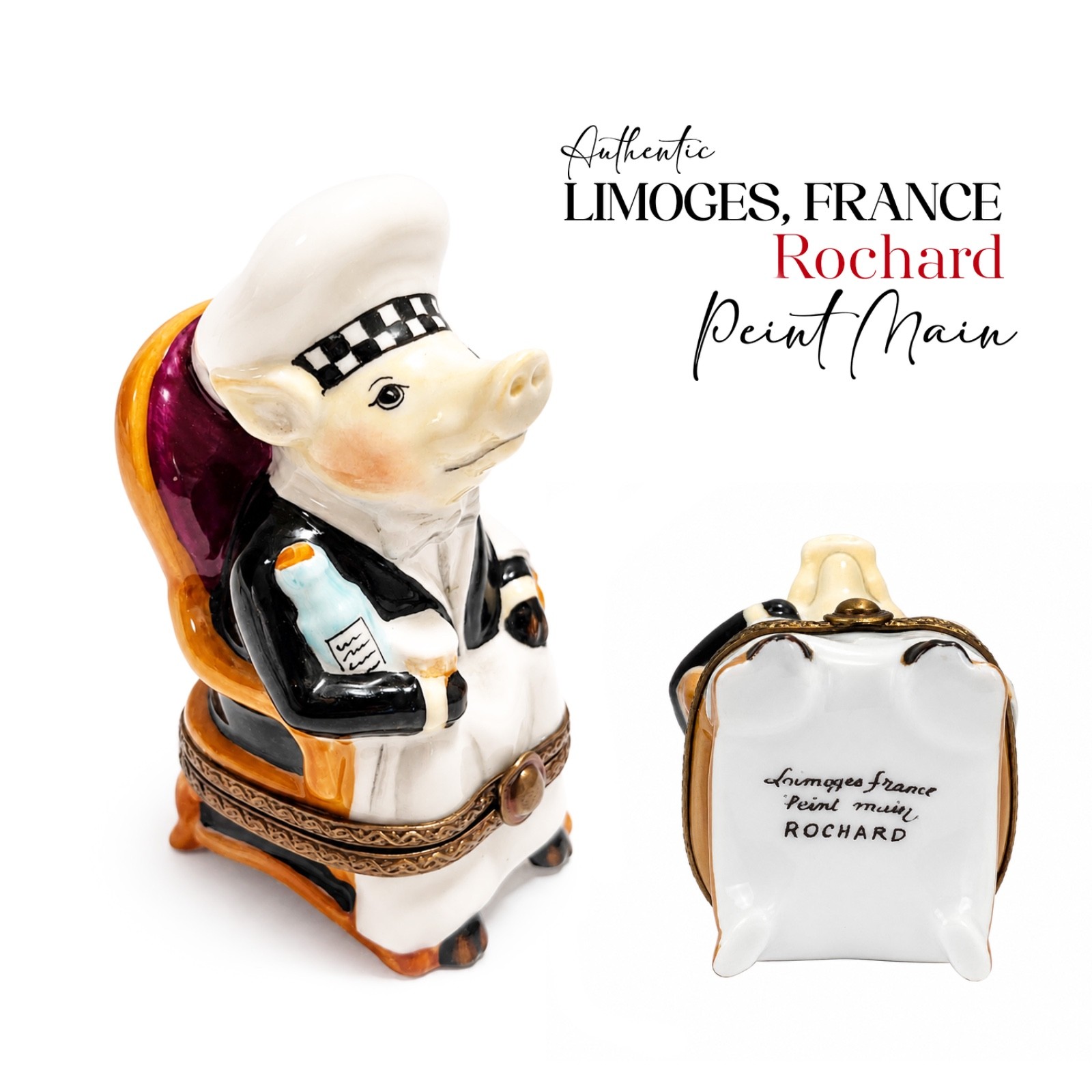 Authentic Limoges France Rochard Chef Pig Trinket Box Bistrot Paris Gourmand