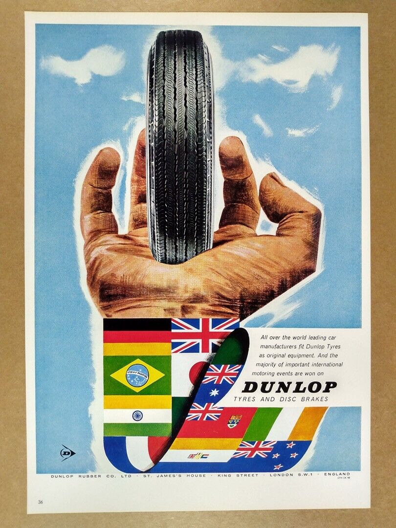 1964 Dunlop Tires Tyres country flags hand illustration vintage print Ad