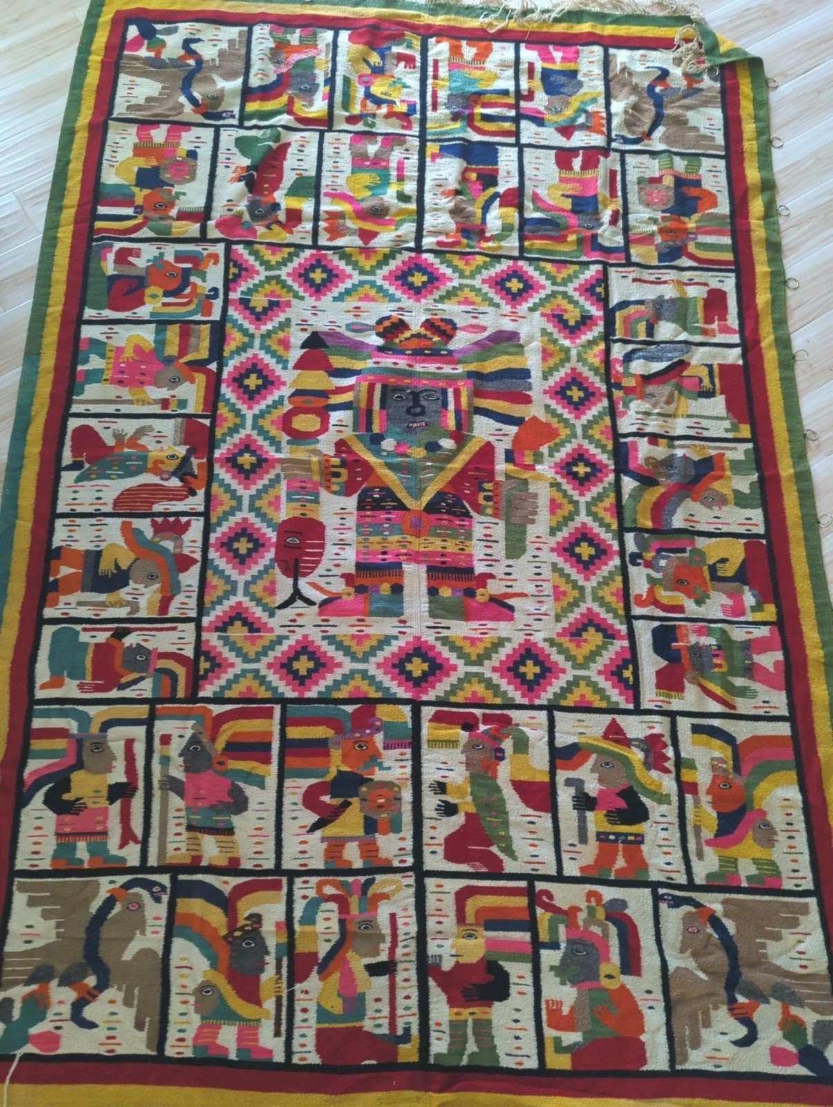 Vtg Mexican Aztec Mayan Folkloric Themed Wool Hanging Tapestry Rug 70x103\