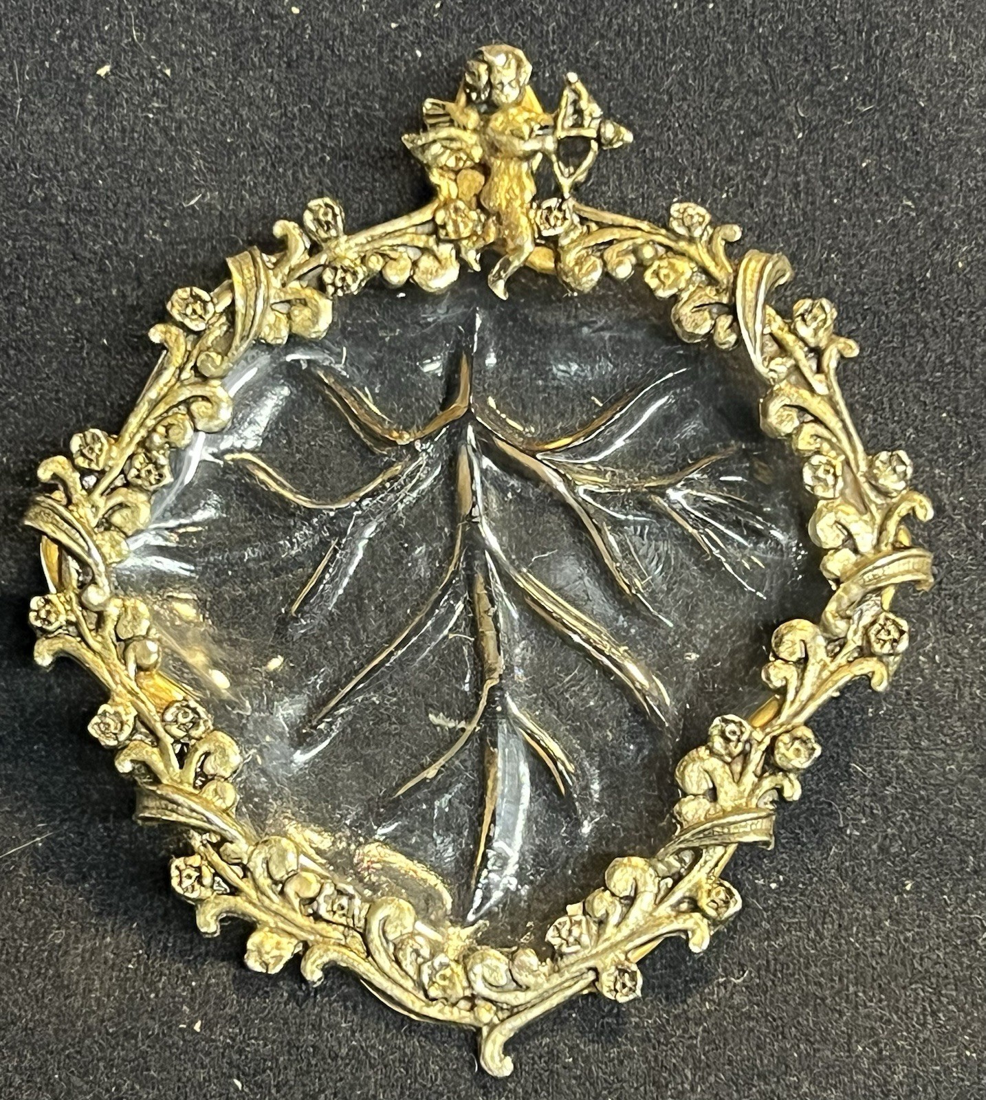 Vintage Hollywood Regency Glass Leaf Trinket Dish Brass Cherub Cupid Bow Tray