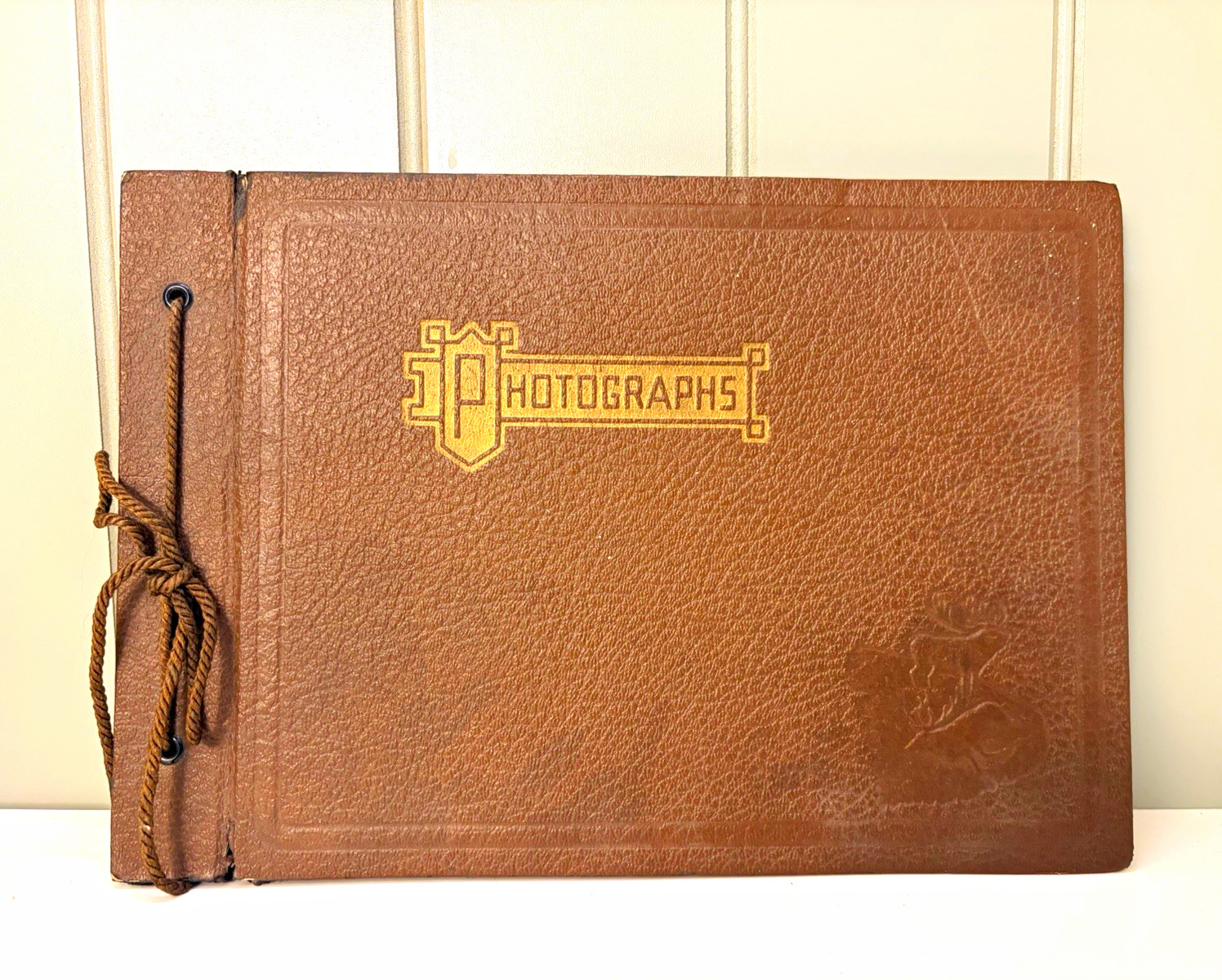 Antique Embossed Leather Photograph Album 12x7 w/ Sepia Woman Portrait