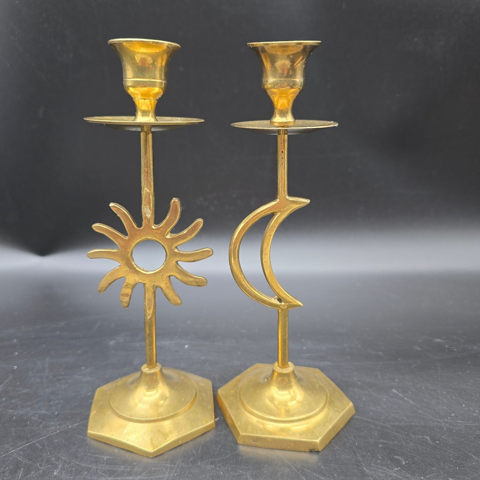 Vintage 90s Brass Celestial Candlestick Holders Pair Sun & Moon 7.5” Whimsigoth
